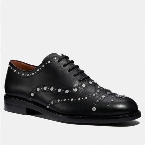 Coach Tegan Oxford Black Leather Tea Rose Studs Lace Up Shoes Size 7 B NWOT - Picture 1 of 7